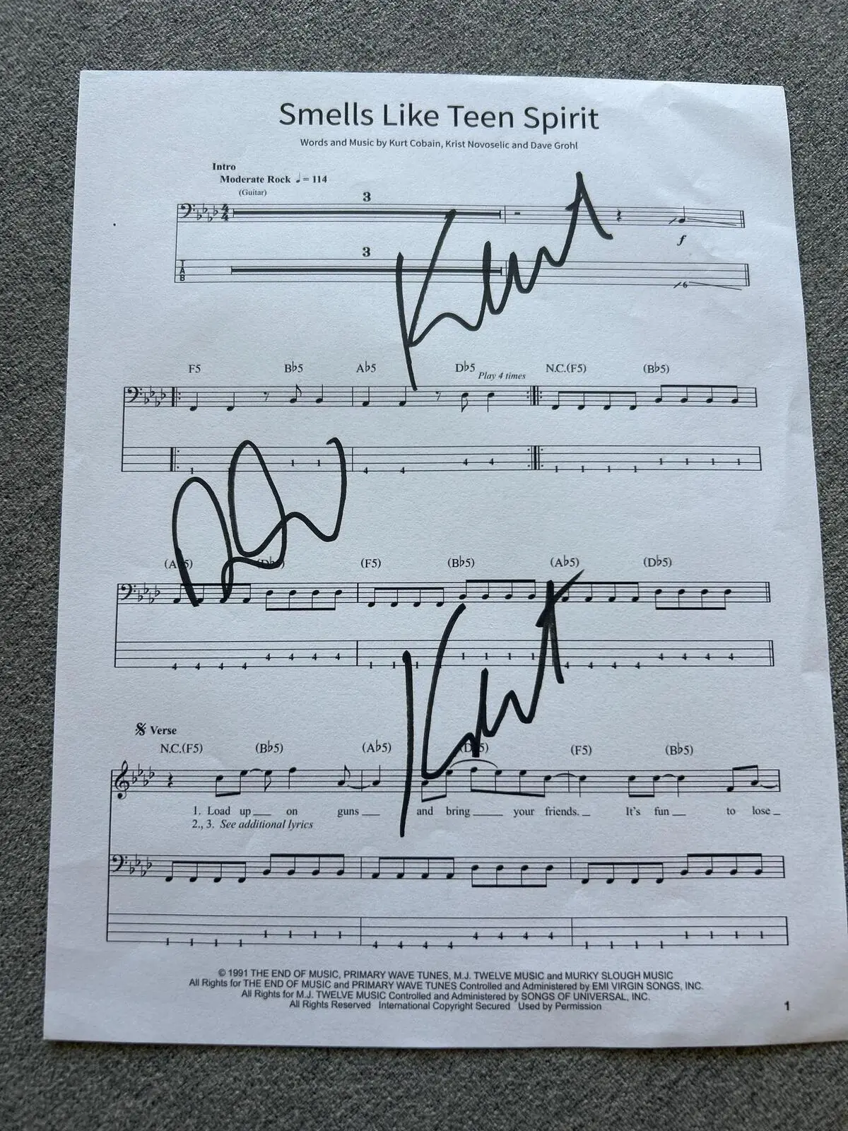 Rare Nirvana Autographed "Smells Like Teen Spirit" Music Sheet - Kurt Cobain, Dave Grohl, Krist Novoselic Signed Collectible With COA, Autographs
