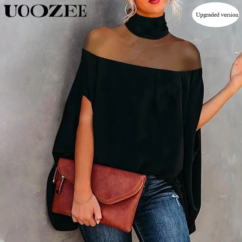 UOOZEE Women's Button Blouse Shirt, Elegant High Neck Knit Long Sleeve Top with Sheer Batwing Sleeves, Everyday, Polyester, Minimalist, Long Sleeve Tops