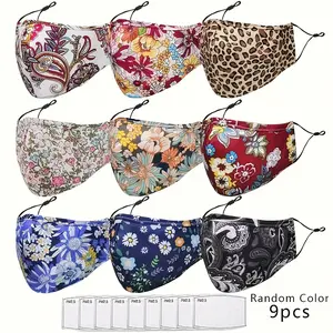 9PCS Fashion Washable Face Masks for Women - Breathable Cloth Masks with Adjustable Ear Loops, Multiple Floral & Leopard Patterns, Includes 9 PM2.5 Filters, Everyday Outdoor Dust & Pollen Support