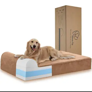 7 inch Orthopedic Dog Bed for Large Dogs - Microsuede Cover/ Waterproof Inner Case - with 4 inch Headrest Memory Foam Dog Bed (Large, Khaki)
