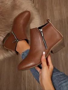 Fashionable Solid Color Side Zipper Ankle Boots, Casual Comfortable Pointed Toe Boots for Daily Wear, Female All-match Trend Shoes for Fall & Winter, Pointed Toes Boots, Pointy Toe Boots