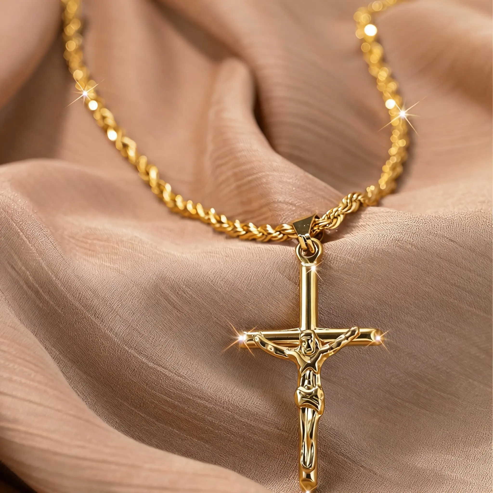 2026 New men's Cross necklace, the cross ofJesus Christ, gold twist necklace, fashionable andversatile, suitable as a gift for fathers and men,exquisite 18K gold-plated pendant funky unique accessories men accessories Gold Statement Chain