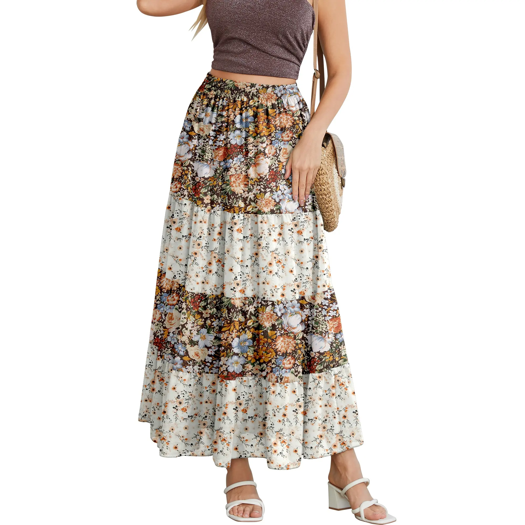 NASHALYLY Women's Maxi Skirt Elastic High Waisted Chiffon Two Color Patchwork Boho Long Skirts Summer Outfits campingessentials campingessentials