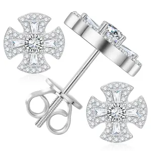 【#E567】Creative Cross Stud Earrings UCClYO Four-Leaf Clover Lab-Created Moissanite Earrings for Women 925 Sterling Silver Men's Stud Earrings Hip-Hop Jewelry Couple Gift Valentine's Day