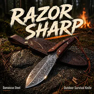 Portable Survival Knife (Wooden Handle with Leather Sheath) — Feather-Pattern Full-Tang Blade | Ideal for Game Processing & Wilderness Survival | A Perfect Hunting Gift for Men outdoorfun