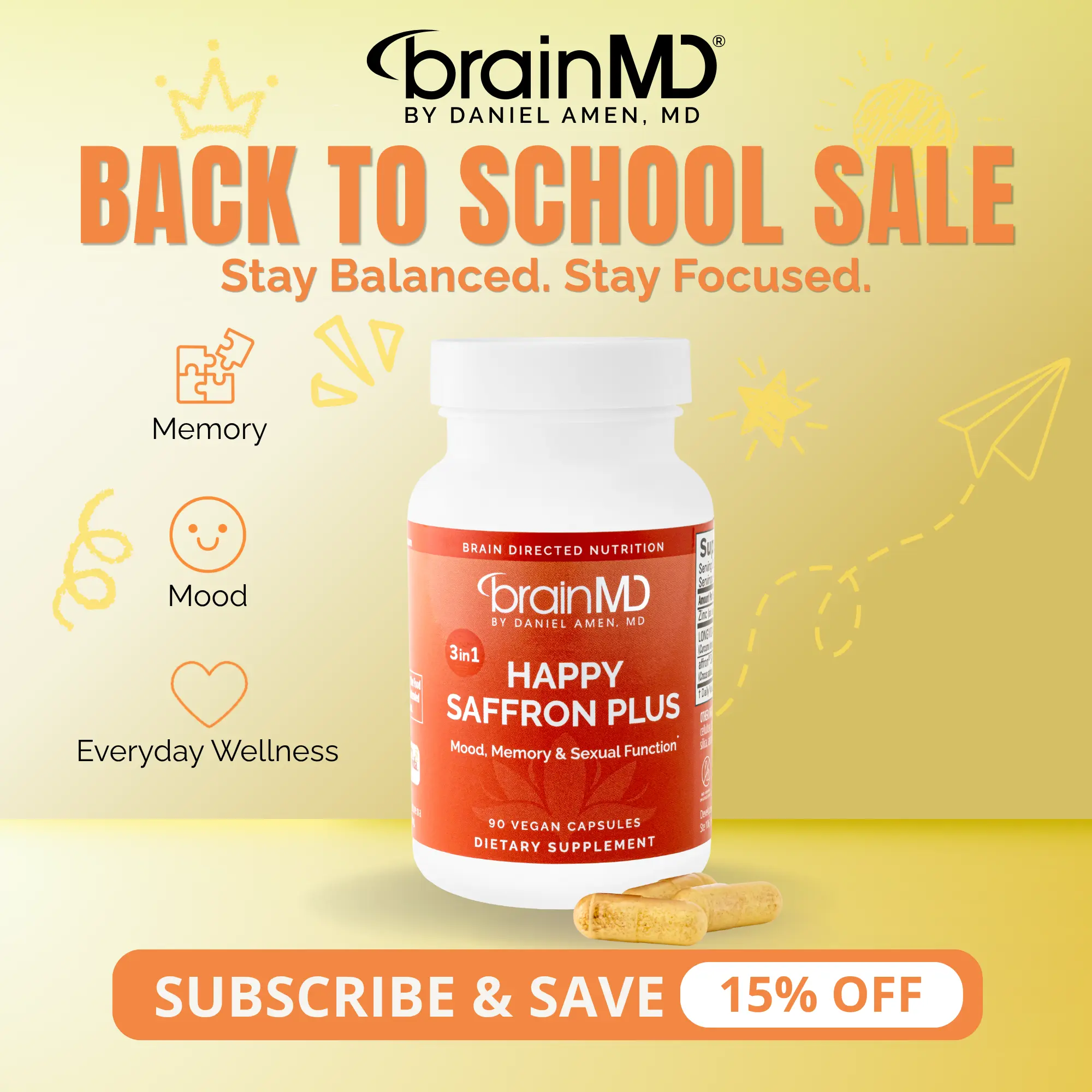 Happy Saffron Plus | BrainMD | 90 Capsules | Powerful 3 in 1 Mood & Stress Support | Memory & Focus Support | Affron Saffron Extract with Curcumin & Zinc