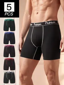 Men's 5 PCS/Pack Stretch Boxer Briefs, Long Leg No Ride Up Quick Dry Moisture Wicking Breathable Cooling Performance Underwear, Activewear, Athletic, Soft Stretch Anti Chafe Sports Boxers for Men, Workout Running Gym, Big Tall Loose Fit Assorted Colors