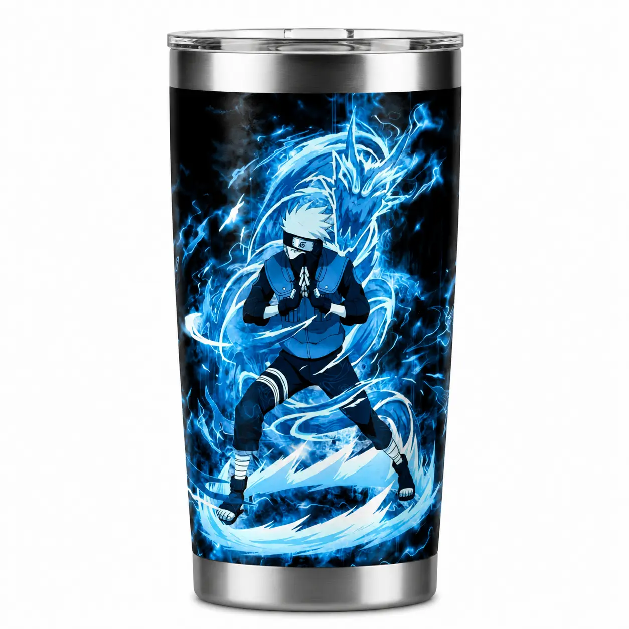 Kakashi Inspired Tumbler with Lid, Anime Ninja Chidori Lightning Character Print Stainless Steel Travel Cup, Blue Energy Warrior Design, Insulated Coffee Mug for Men Women, Unique Gift for Naruto Fans