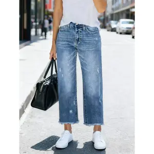 Women’s loose-fitting straight-leg jeans with a distressed, ripped look; comfortable washed denim suitable for street fashion—fashionable streetwear GARMENTARY