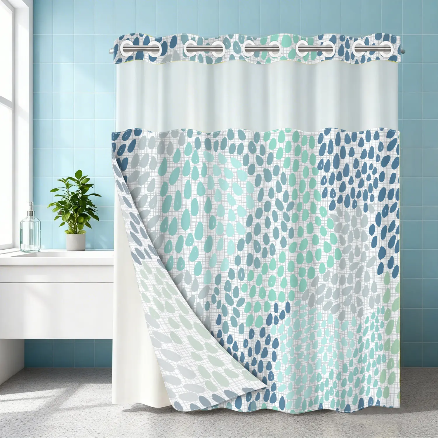 1PC double-layer large ring shower curtain, blue-green water droplet pattern background, shower curtain, high-end quick drying hanging curtain, bathroom, curtain, waterproof, anti mold curtain, Bathroom Supplies