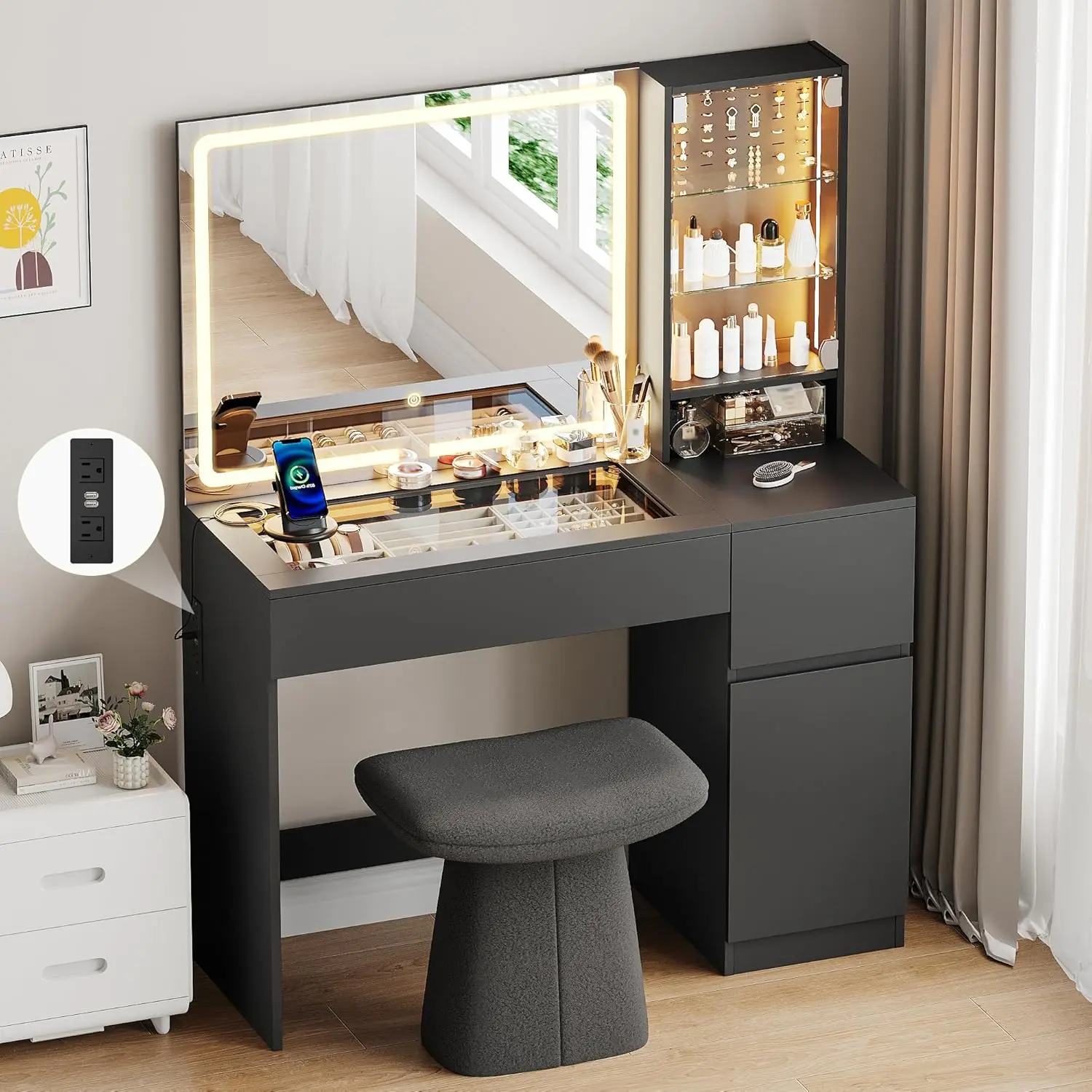 wanan 41" Vanity Desk with Glass Top, Black Vanity with Mirror and Lights, Power Outlet, Jewelry Storage, 3 Adjustable Lighting Modes, Makeup Vanity with 2 Drawers for Bedroom
