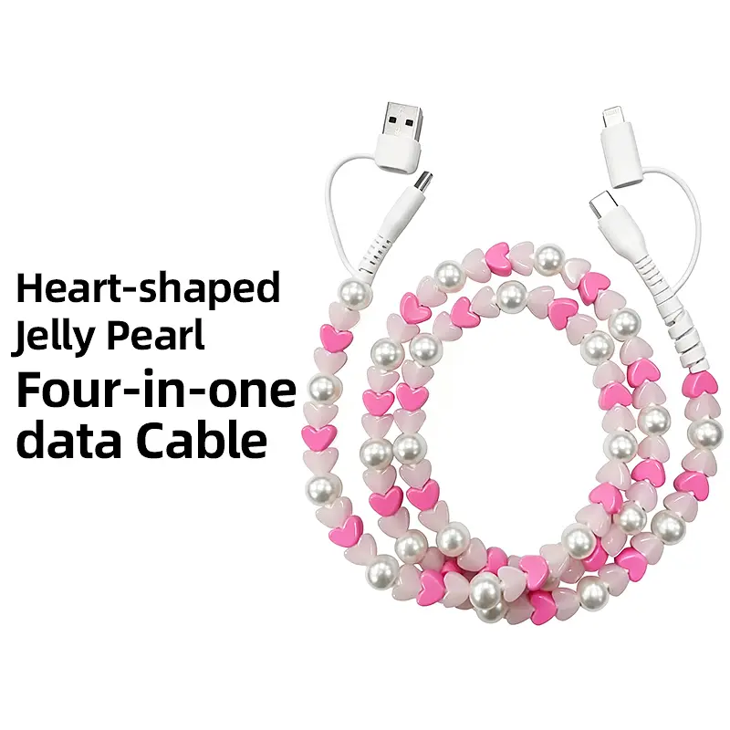 Pearl Series Four-in-One Data Cable with Pearl Pendant - Stylish Shine for iPhone & Samsung - USBC & Lightening Compatible - Versatile Charging Cord