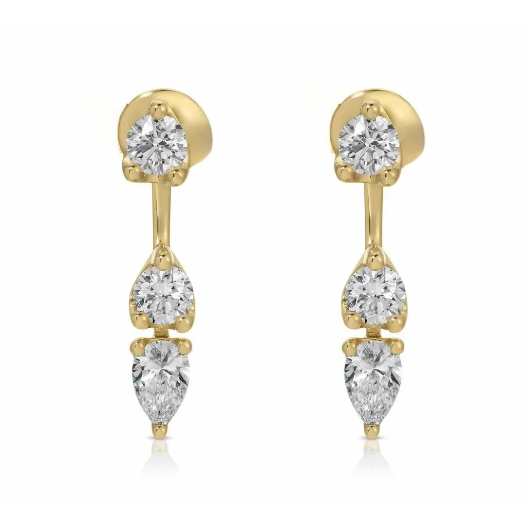 Noa Jewelry Floating Triple Diamond Stud Earrings, High Grade Simulated Diamond Studs, 18K Gold Plated, Hypoallergenic Lightweight Earrings for Women, Minimalist Fashion Jewelry