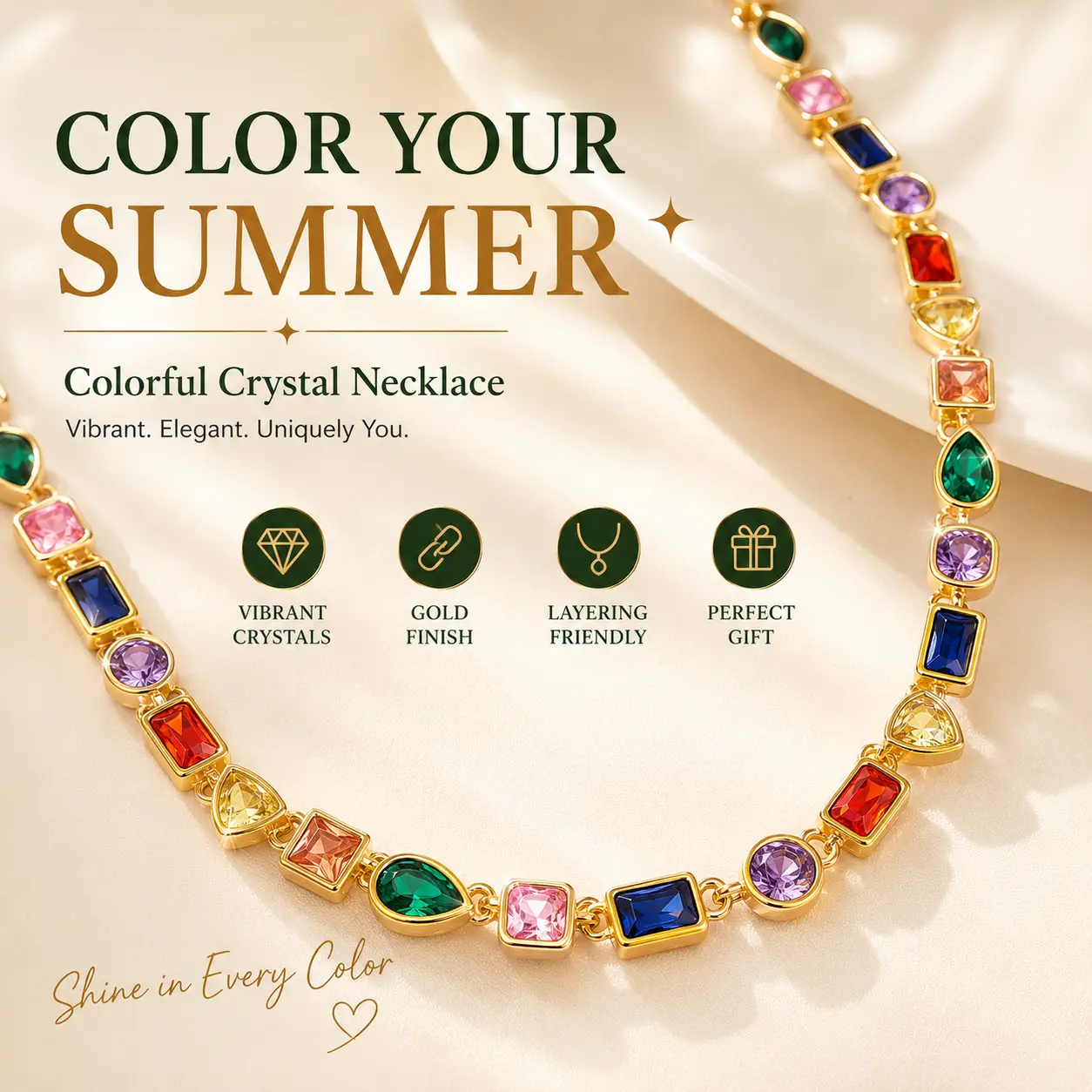 Colorful Crystal Necklace for Women, Gold Multicolor Gemstone Chain Necklace, Y2K Summer Jewelry Gift