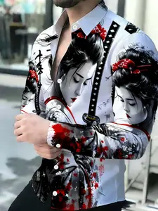 Men's Breathable Turn-down Collar Long Sleeve Japanese Geisha Katana Art Print Button-up Shirt