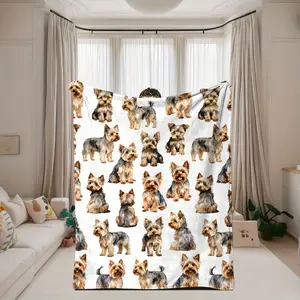 1pc Soft Flannel Yorkshire Terrier Print Throw Blanket - Flannel Blankets, Contemporary Cartoon Dog Pattern, Lightweight Warm Knitted Polyester, Digital Fade Resistant Print, 280GSM, All-Season Use for Bed, Sofa,summervibes