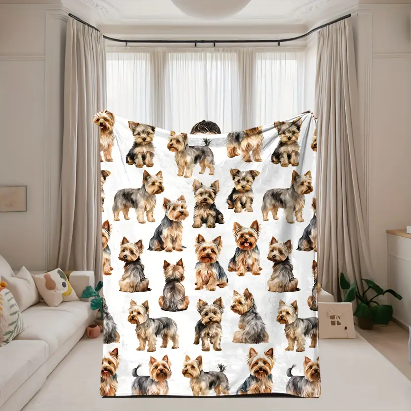 1pc Soft Flannel Fabric Yorkie Prints Throw Blanket - Durable Contemporary Animal Character Figures Blanket, Lightweight Warm Knitted Polyester, Digital Fade-Resistant, Wrinkle Resistant, 280GSM, All-Seasons Use for Bed, Sofa