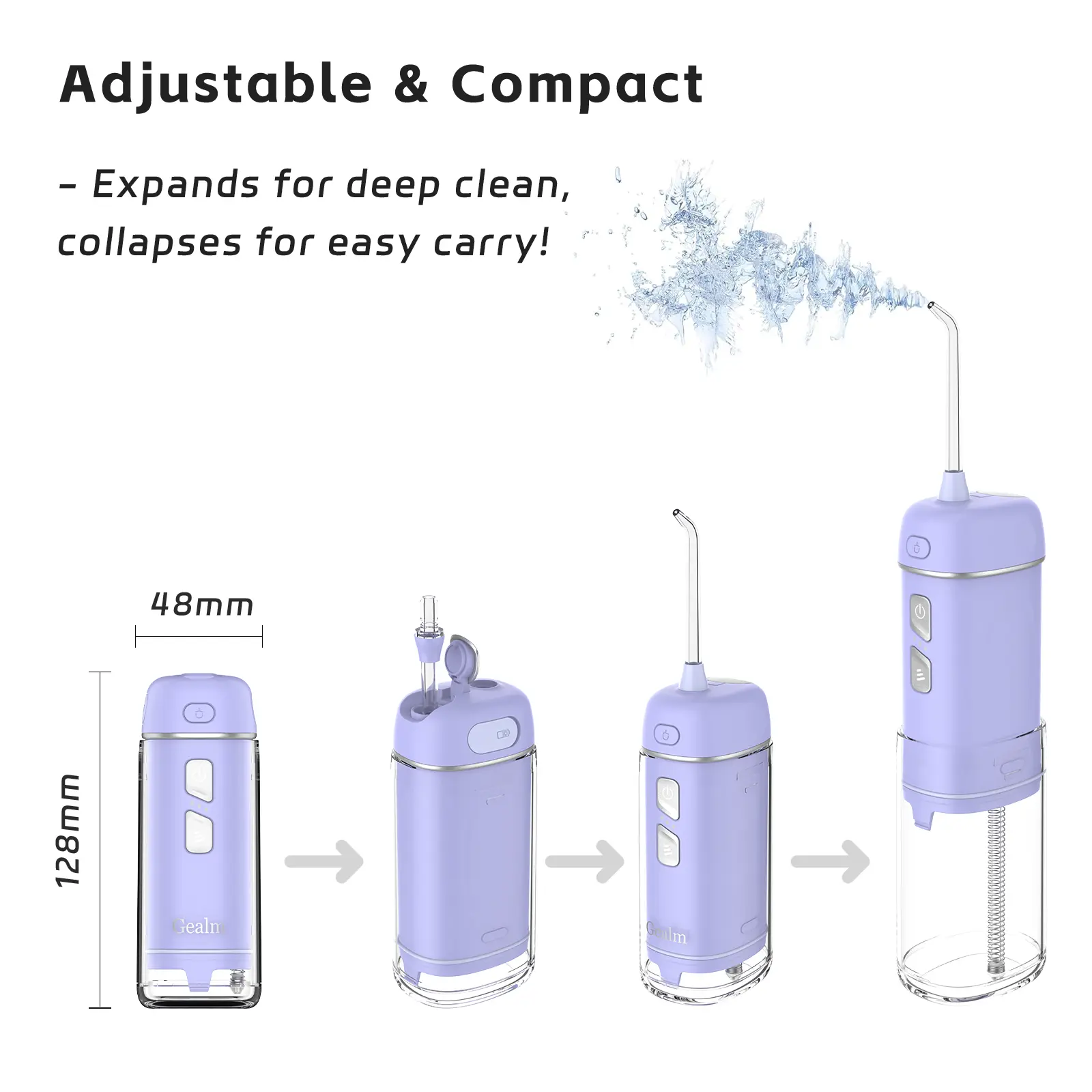 Gealm Mini Portable Rechargeable Oral Irrigator - Waterproof Cordless Water Flosser with 3 Modes, 4 Nozzles, IPX7 Rating, Removable Compact Adjustable Design, USB Port, Deep Clean for Home & Travel, Yes for Elderly & Children, Rechargeable Batteries