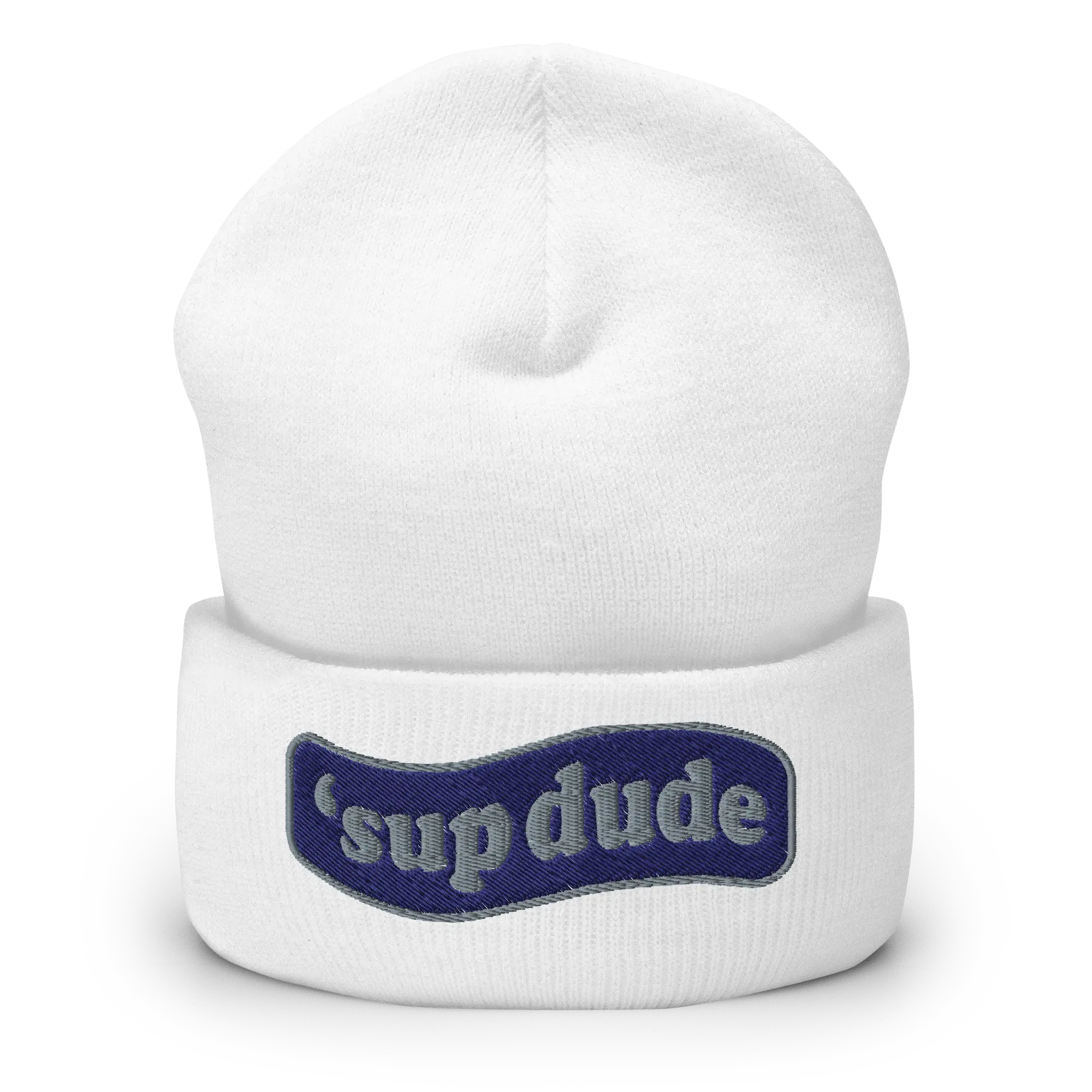 Blue Embroidered Sup Dude Knit Cuffed Beanie Winter Hat - Beanies Men - Hypoallergenic, Unisex Style, Hand Washable