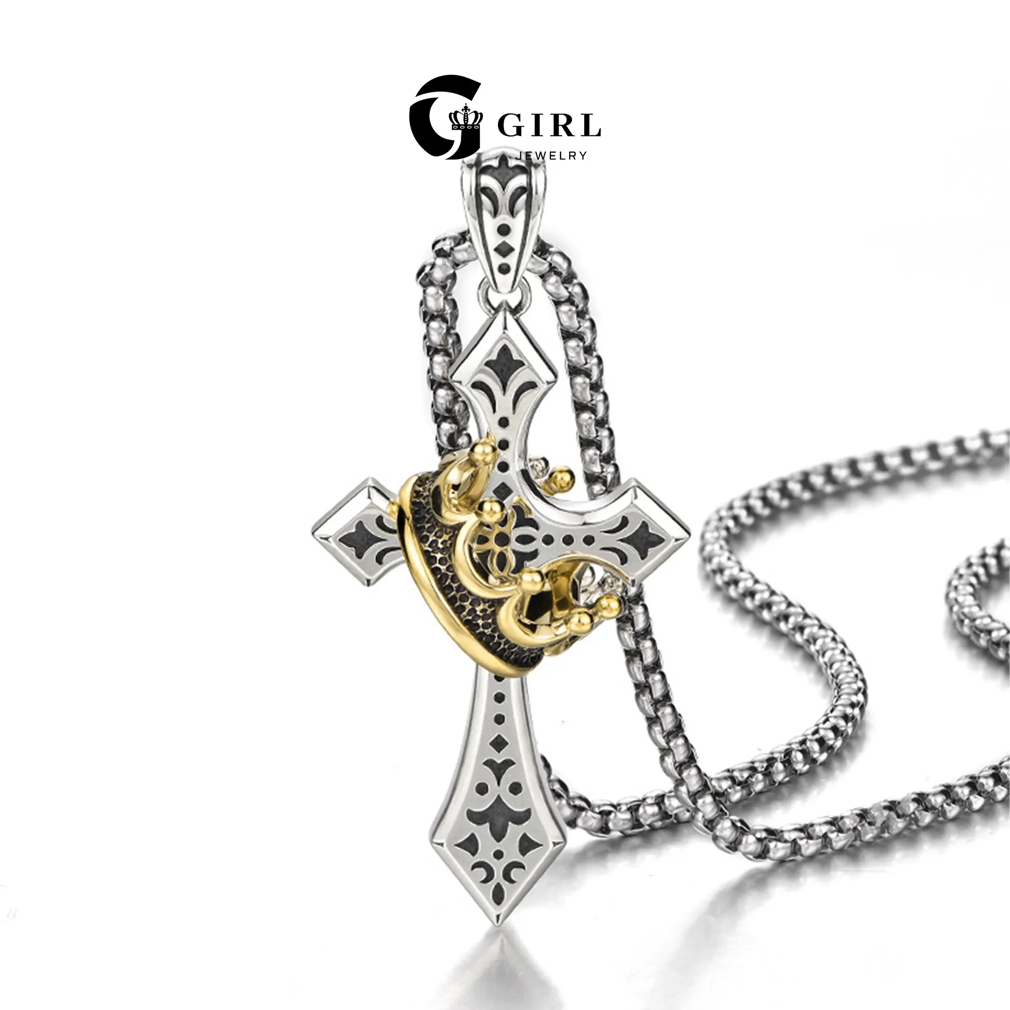 GGRIL Retro Gothic Style Personalized Fashion Punk Titanium Steel Crown Cross Pendant Necklace for Men and Women, Hip-Hop Matching Decoration,Metallic Temperament Accessory, Party/Birthday Gift Ideal Cuban Link Chain Cuban Link Design