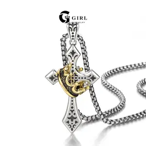 GGRIL Retro Gothic Style Personalized Fashion Punk Titanium Steel Crown Cross Pendant Necklace for Men and Women, Hip-Hop Matching Decoration,Metallic Temperament Accessory, Party/Birthday Gift Ideal