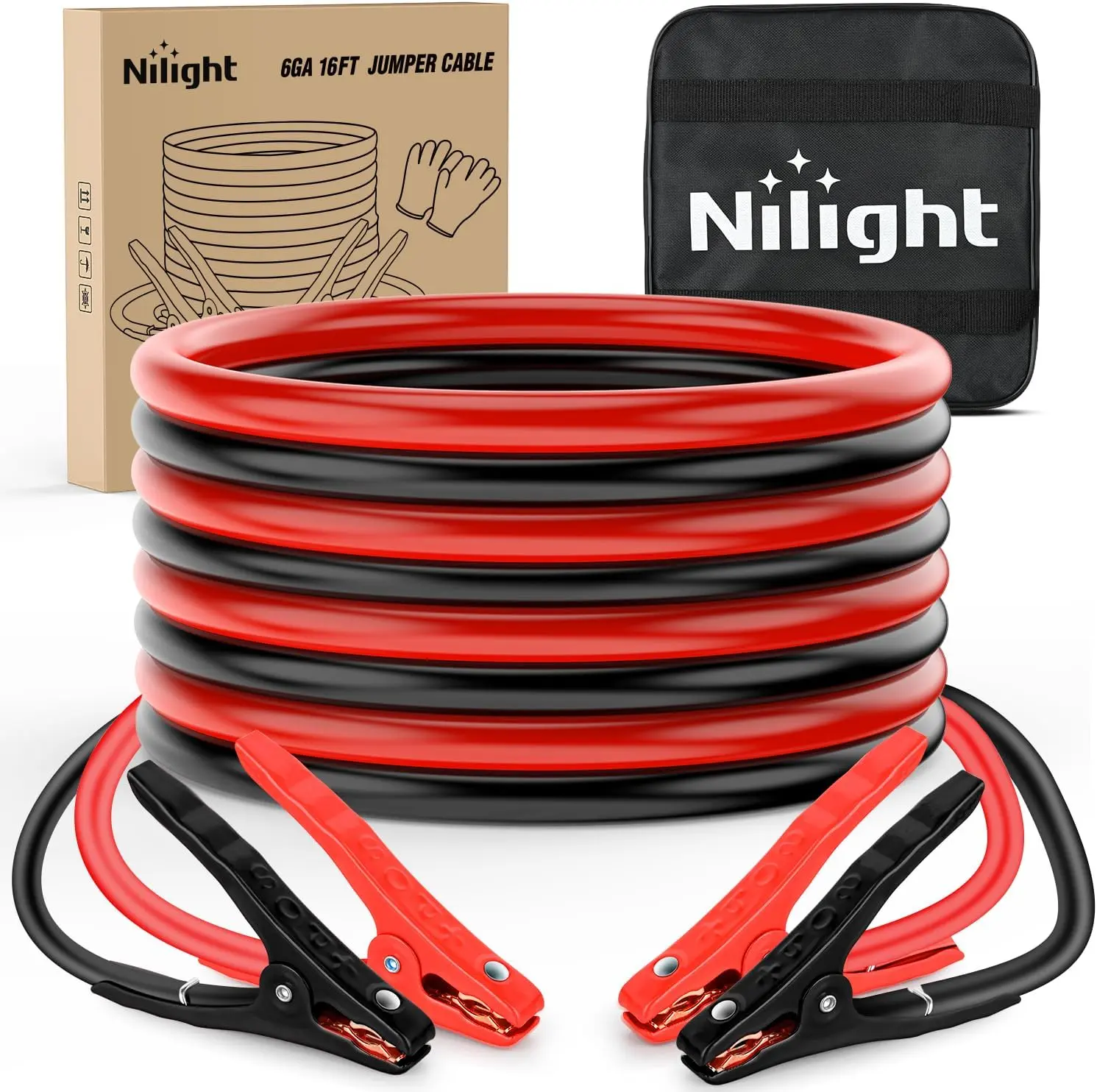 Nilight Heavy-Duty Automotive 6-Gauge PVC Vehicle Battery Jumper Cables, 16 ft Tangle-Free Booster Cables, 450A Peak CCA Emergency Jump Start Kit with Storage Bag for SUV, Sedan