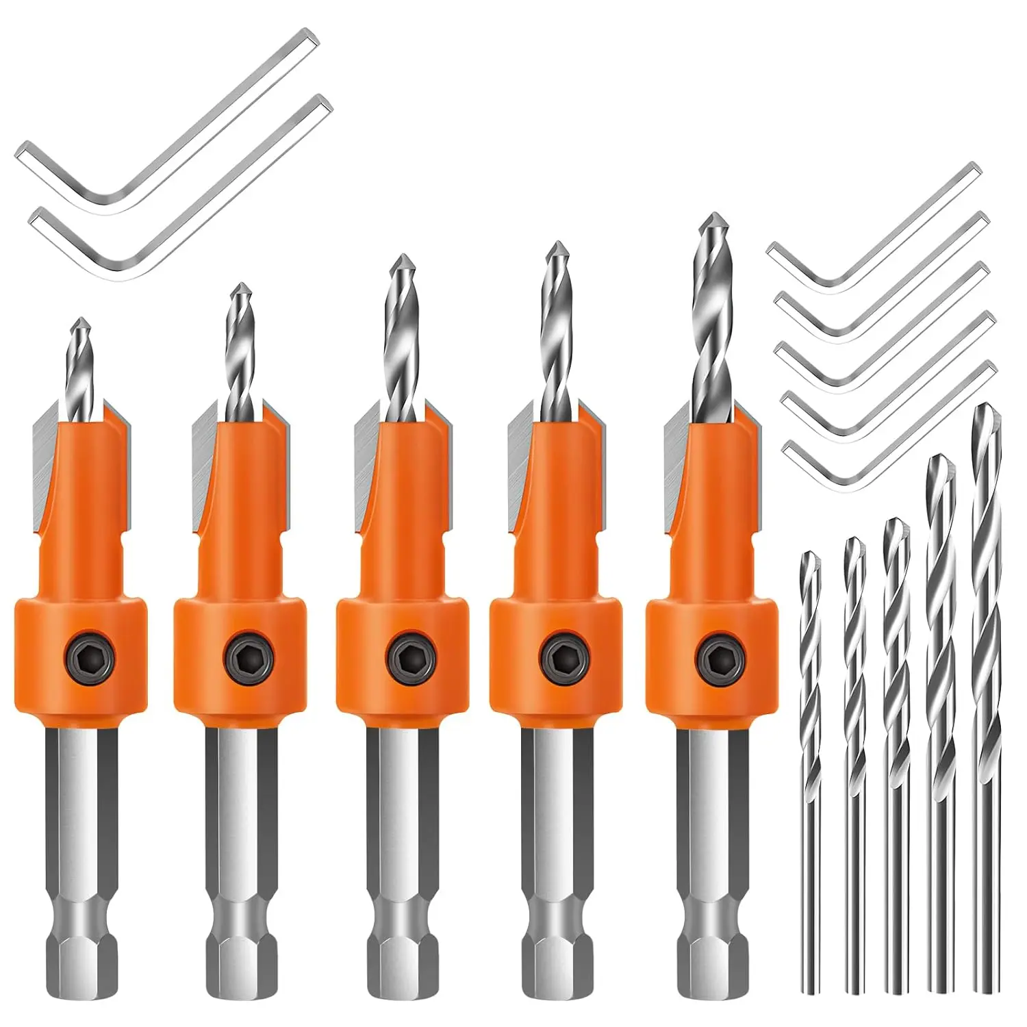 5Pcs Tungsten Steel Hex Shank Countersink Drill Bit Set - Multi-Size Kit with 2.5–3.5mm Bits + Wrenches, Quick Change, Depth Control, Tapered Pilot Holes for Wood Drilling, DIY Projects, Furniture Building (MDF, Pine), 5 Replacement Bits