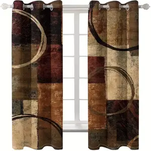 Modern Abstract Geometric Pattern Digital Print Curtains, 2 Pieces, Hole Drapes for Living Room Home Decor Window Curtain, Home Decoration Curtain