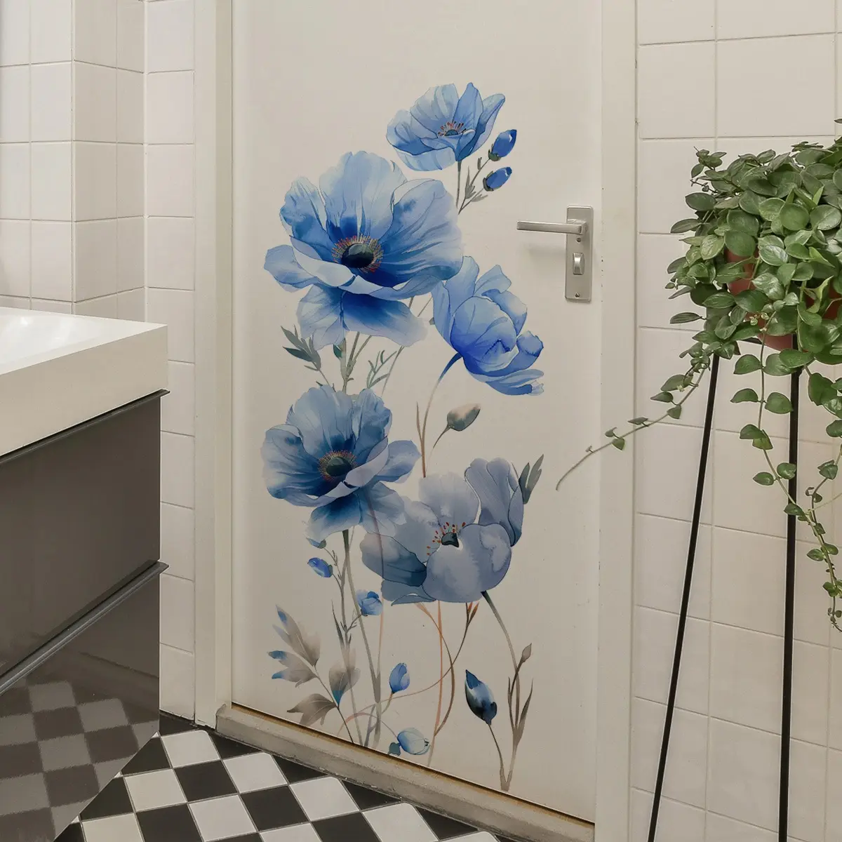 A piece of (30*60cm) blue lotus flower decorative wall sticker for living room, bedroom, bathroom and home background decoration M18893-YC Waterproof Wall Sticker