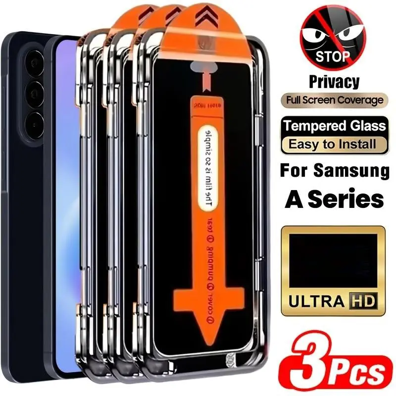 3Pcs Full-Coverage Privacy Tempered Glass Smartphone Screen Protector for Samsung Galaxy A17 A07 A37 A57 A16 A26 A36 A56 A15 A25 A35 A55 A14 A24 A34 A54 A12 Series, 9H Hardness, Transparent, Anti-Scratch Protection