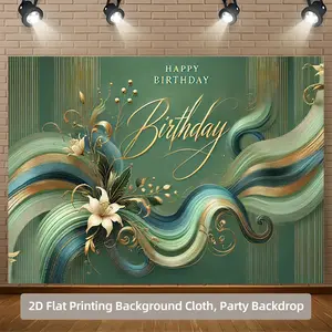 2D Flat, 1pc Elegant Birthday Banner with Floral Design - Washable Polyester Backdrop for Parties, Celebrations & Outdoor Events, Teal & Golden Swirls with "Happy Birthday" Text, Perfect for Photo Shoots & Decorations, Birthday Party Decorations White