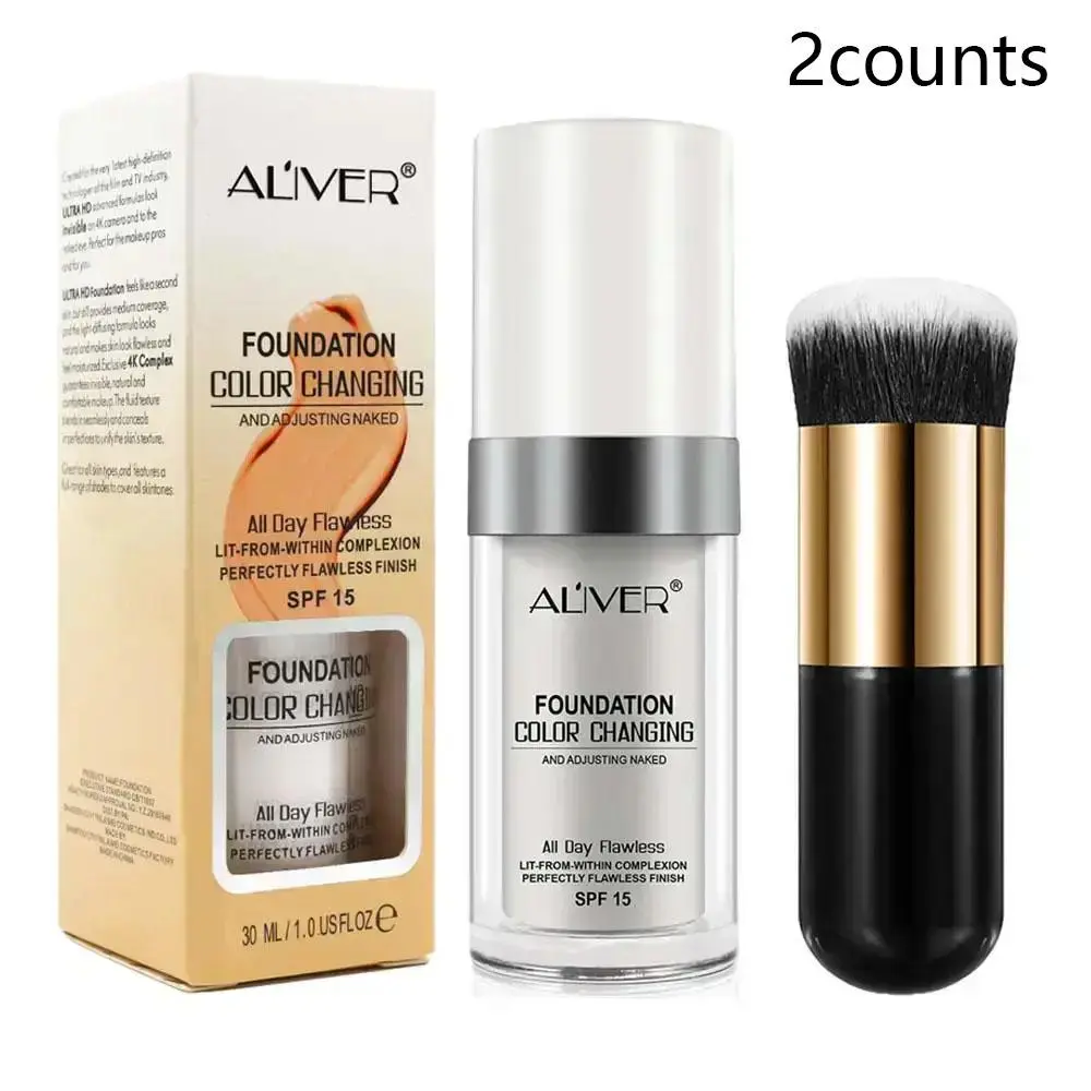 Color Changing Foundation Base & Makeup Brush Set, 1 Count Long Lasting Moisturizing Concealer Long Wear Cosmetic Foundation & 1 Count Makeup Brush, Makeup Product for Women & Girls, Brightening Formula Flawless Complexion Makeup