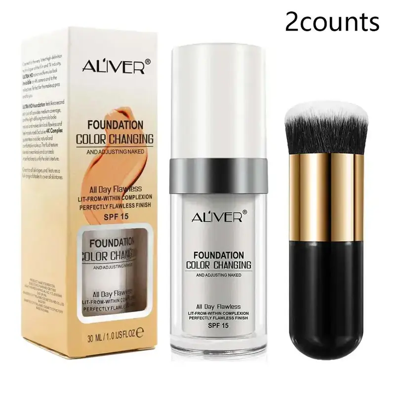Color Changing Foundation Base & Makeup Brush Set, 1 Count Long Lasting Moisturizing Concealer Long Wear Cosmetic Foundation & 1 Count Makeup Brush, Makeup Product for Women & Girls, Brightening Formula Flawless Complexion Makeup