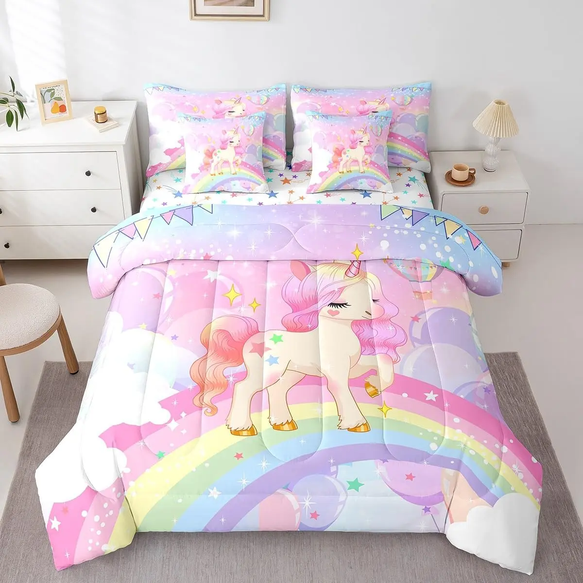Feelyou 7-Piece Multi-Size Multi-Color Microfiber Bedding Set - Kawaii Stars & Rainbow Pink Unicorn Print Comforter, Included Bedsheet Sets, Breathable All-Season Bed-in-a-Bag for Girls, Multi Color Bedding