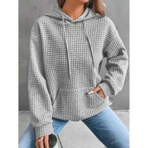 Women's Plain Textured Drawstring Drop Shoulder Hoodie, Casual Pocket Long Sleeve Hooded Sweatshirt For Fall & Winter, Women's Clothes For Daily WearGift(gift)Gift