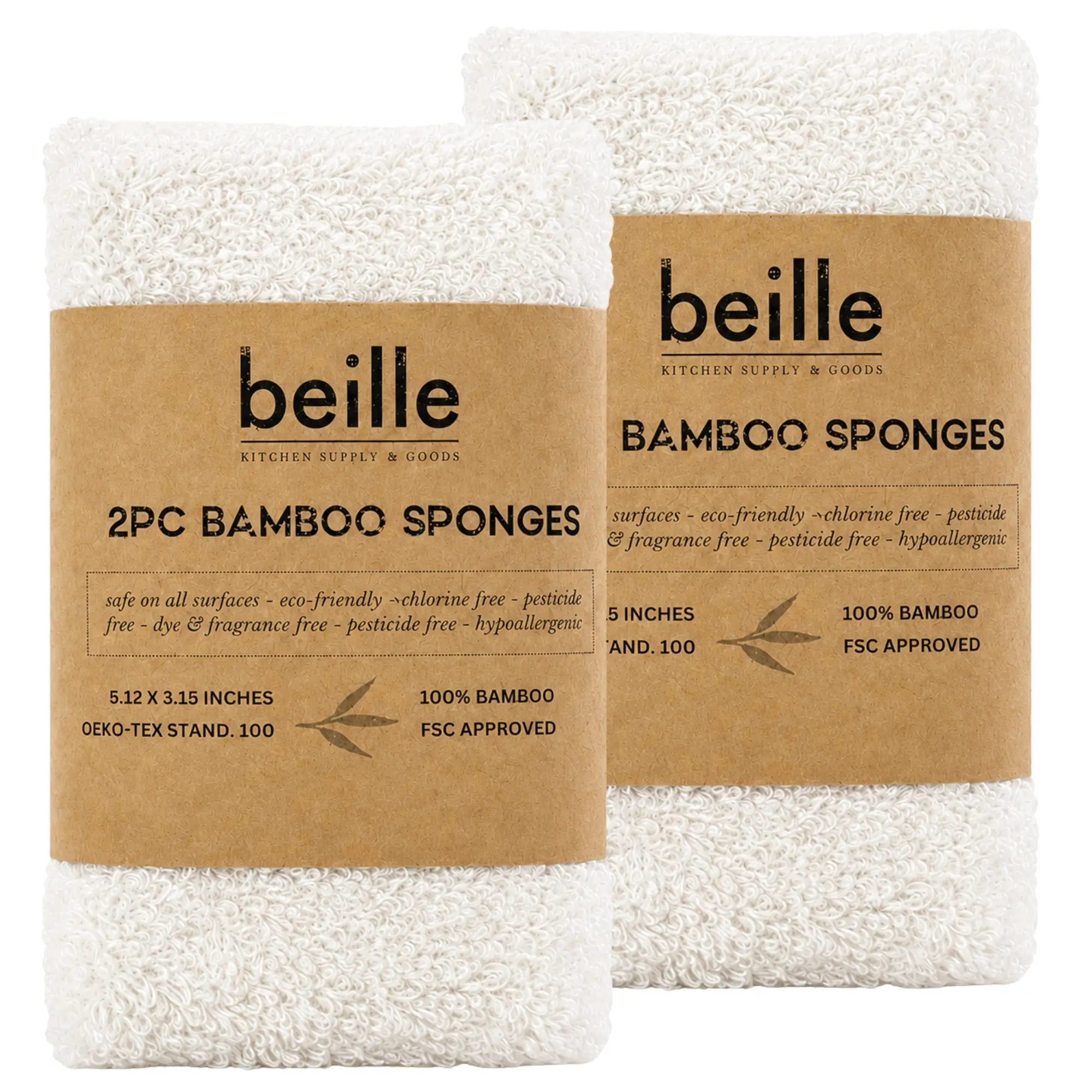 BEILLE 4-Piece Reusable Bamboo Dish Sponges - Hypoallergenic, Plastic-Free Eco-Friendly Home Kitchen Cleaning Supplies
