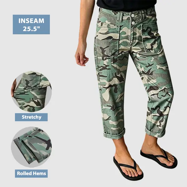 Flamingals Camo Roll Hem Dual Button Mid Waist Straight Leg Crop Pants Stretchy 25.2'' Inseam