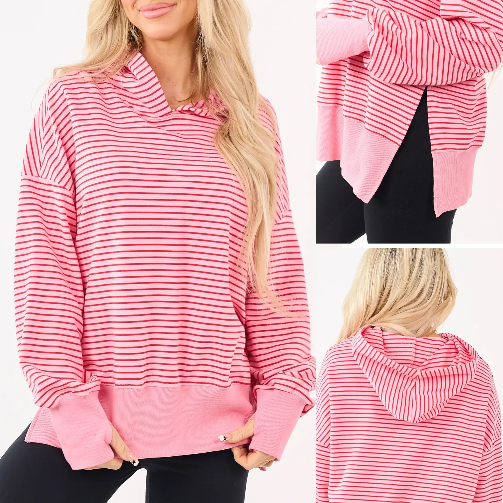 Women'sPinkRedStripedOversizedHoodie,SoftCozyLongSleeveCasualPulloverSweatshirtwithThumbHoles,SideSplitLooseFitCuteComfyHoodedTopforLoungewearWorkoutDailyGoingOut