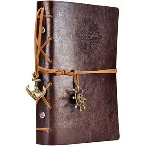 Leather Writing Journal Notebook, 7 Inches  Nautical Spiral Blank String Diary Notepad Sketchbook Travel to Write in, Unlined Paper, Retro Pendants, Classic Embossed, Coffee