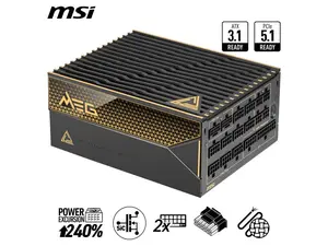 MSI - MEG Ai1600T PCIE5, 80+ TITANIUM Full Modular Gaming PSU, Dual 12V-2x6 Cable, 5080 5090 ATX 3.1 & PCIE 5.1 Ready, Braided Cable, 1600W Power Supply, 12 Year Warranty