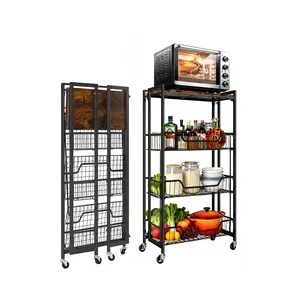 Garvee Large 4-Tier Folding Kitchen Storage Shelf Cart - Heavy Duty 100 lbs, Wooden & Metal, Removable Shelves, No Assembly - Mobile Organizer for Home, Office, Garage