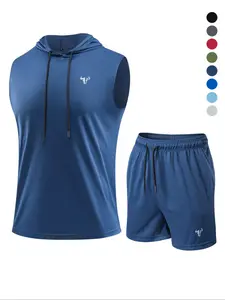 Men's Hooded Tank Top & Drawstring Waist Shorts Set, Casual Sporty Breathable Two-piece Outfits for Gym Athletic Clothes Workout Sets, Men's Sportswear Set for Summer