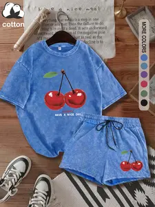 Two-Piece Set Women's Cherry Print Short Sleeve Crewneck Tee & Shorts, Casual Fitted Round Neck T-Shirt & Shorts for Daily Wear, Ladies Two-Piece Outfits for All Seasons, Matching Clothing Set, Top Shorts Set Clothes