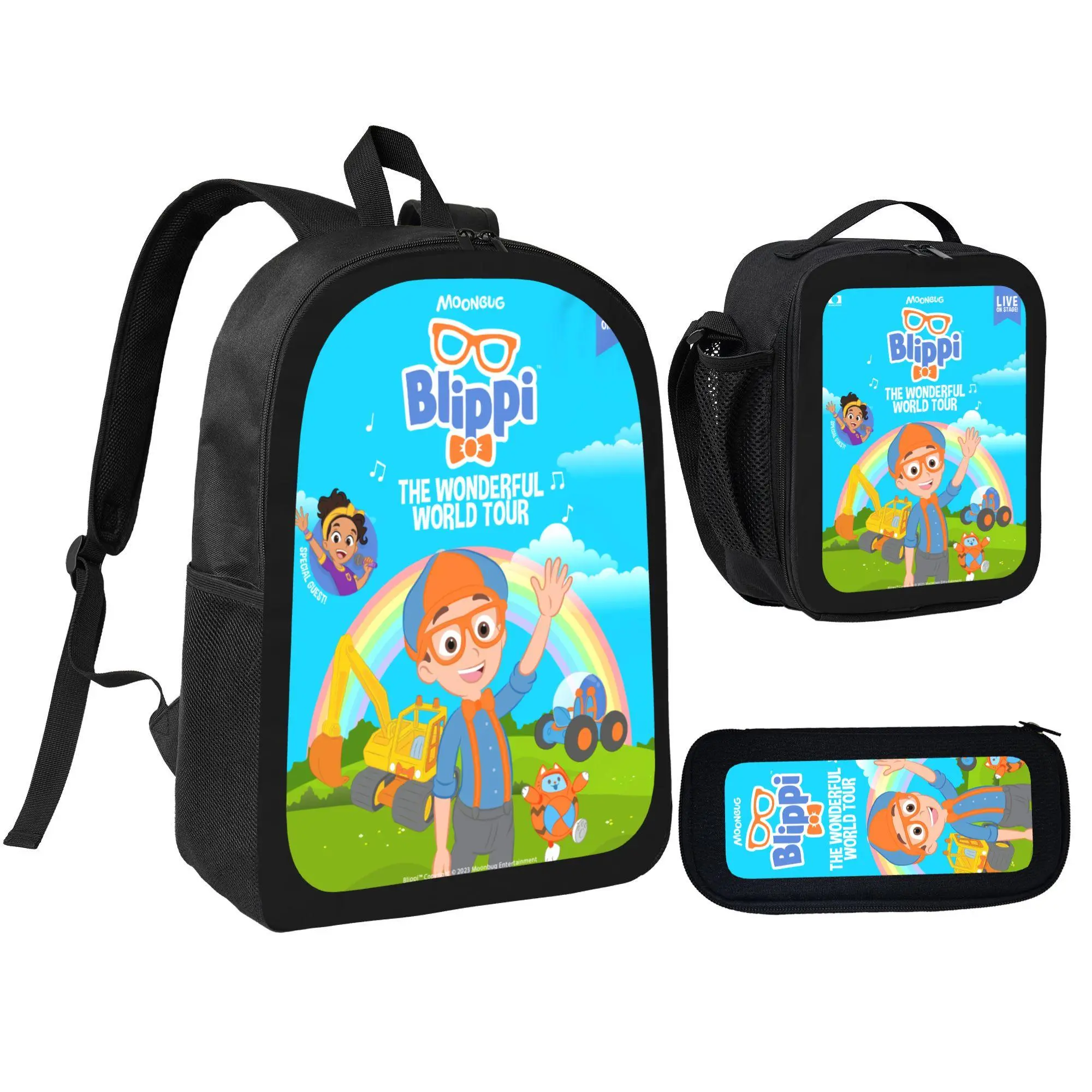 Kids' 3-Pcs Blippi The Wonderful World Tour Print Backpack Set - Adjustable, Multi-Pockets, Back-to-School Bag with Lunch Bag & Pencil Pouch for Students