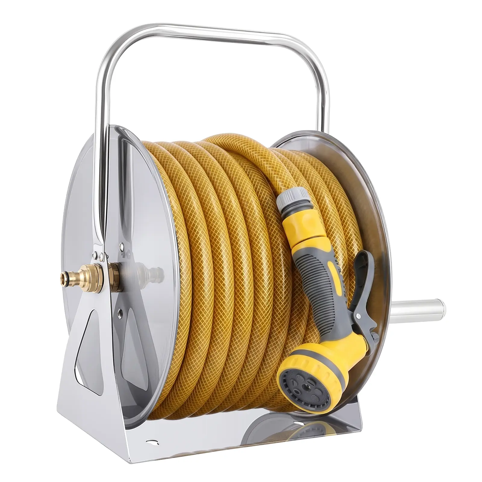 Stainless Steel Garden Hose Reel with 6.5ft Leader Water Pipe, Wall/Floor Mounted Metal Water Hose Reel with Crank Handle, Holds 5/8" x 75ft or 1/2" x 130ft Hose for Outside, Yard, Patio