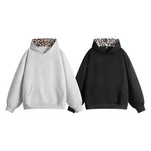 Leopard Print Splice Fashion Casual Black White Couple's Hooded Sweatshirt With Drop Shoulder Sleeves for Everyday Wear