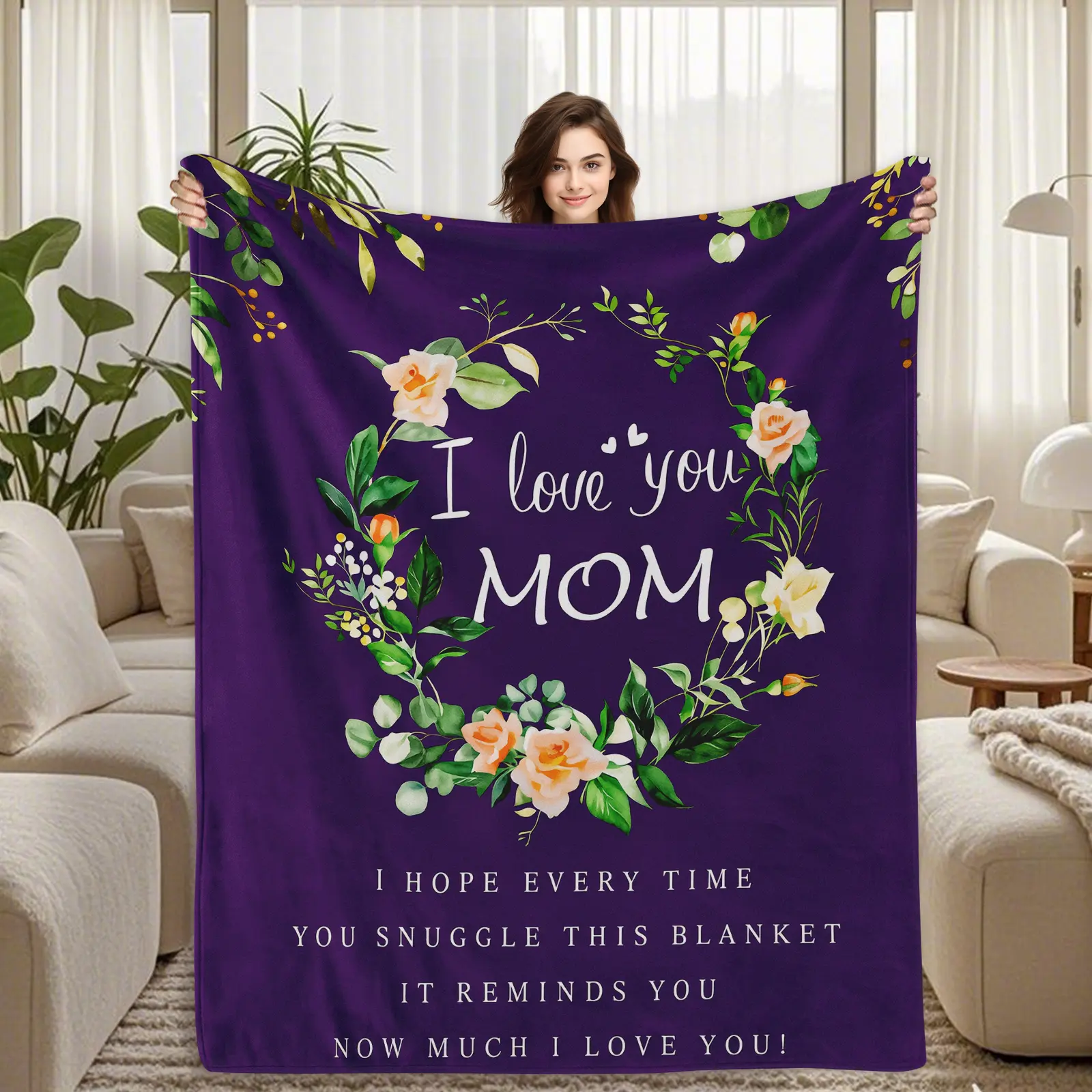 Purple Flannel Blanket with I Love You Mom Text, Floral Wreath, and Heartfelt Snuggle Message, Perfect Mothers Day Gift from Daughter or Son for Sofa Nap All Seasons Soft Cozy