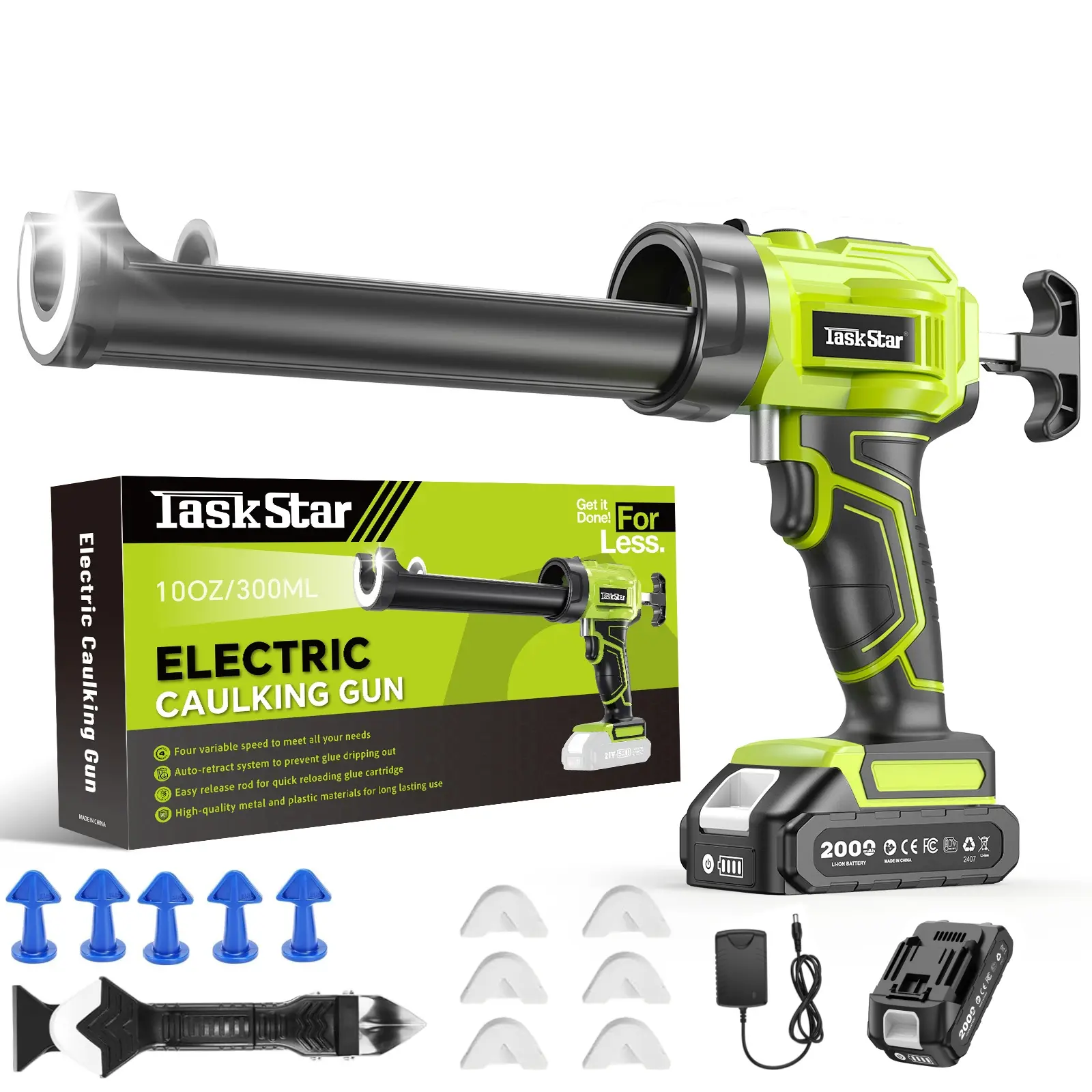 Taskstar Cordless Battery-Powered Caulking Gun with 3-in-1 Caulking Tool, LED Light, Adjustable Speed, and Automatic Silicone Gun Anti-Drip Design. Ideal for home renovation, construction projects, and more