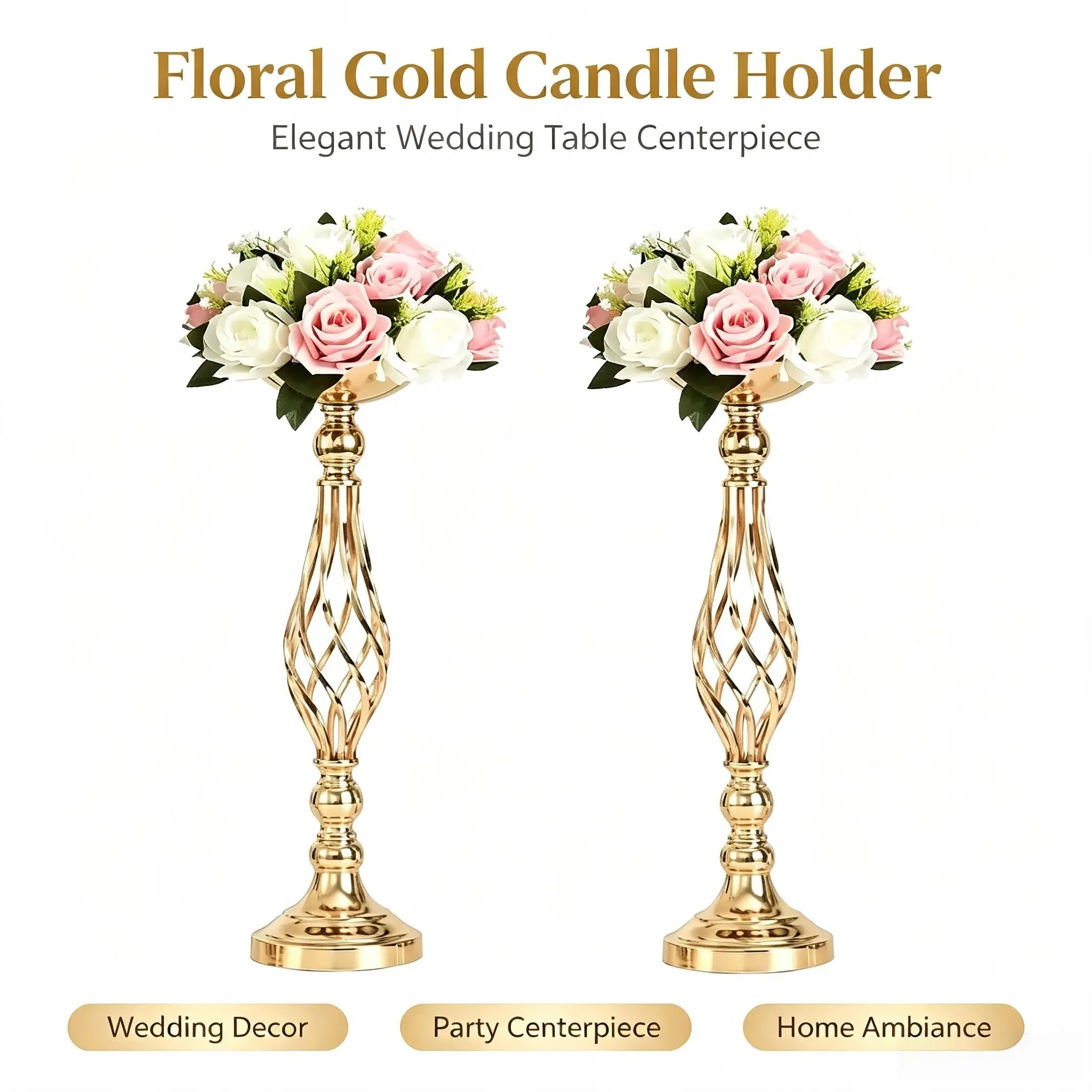 2Pcs Luxury Glam Waterproof Metal Holder - Dual-Purpose Flower Arrangement Stand & Pillar Candle Holder, Table Centerpieces for Weddings, Anniversaries, Home & Festive Decor (Flowers Not Included)