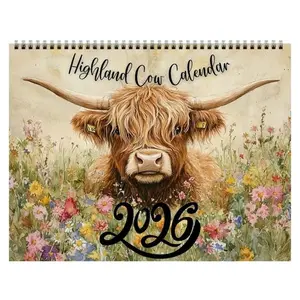 2026 Highland Cow Calendar - Rustic Farmhouse Wall Art with Monthly Schedule, Durable Paper, Easy to Use, Spiral Bound Planner, Ideal for Scottish Cattle Enthusiasts and Planners, Featuring a Highland Cow in a Floral Meadow Design